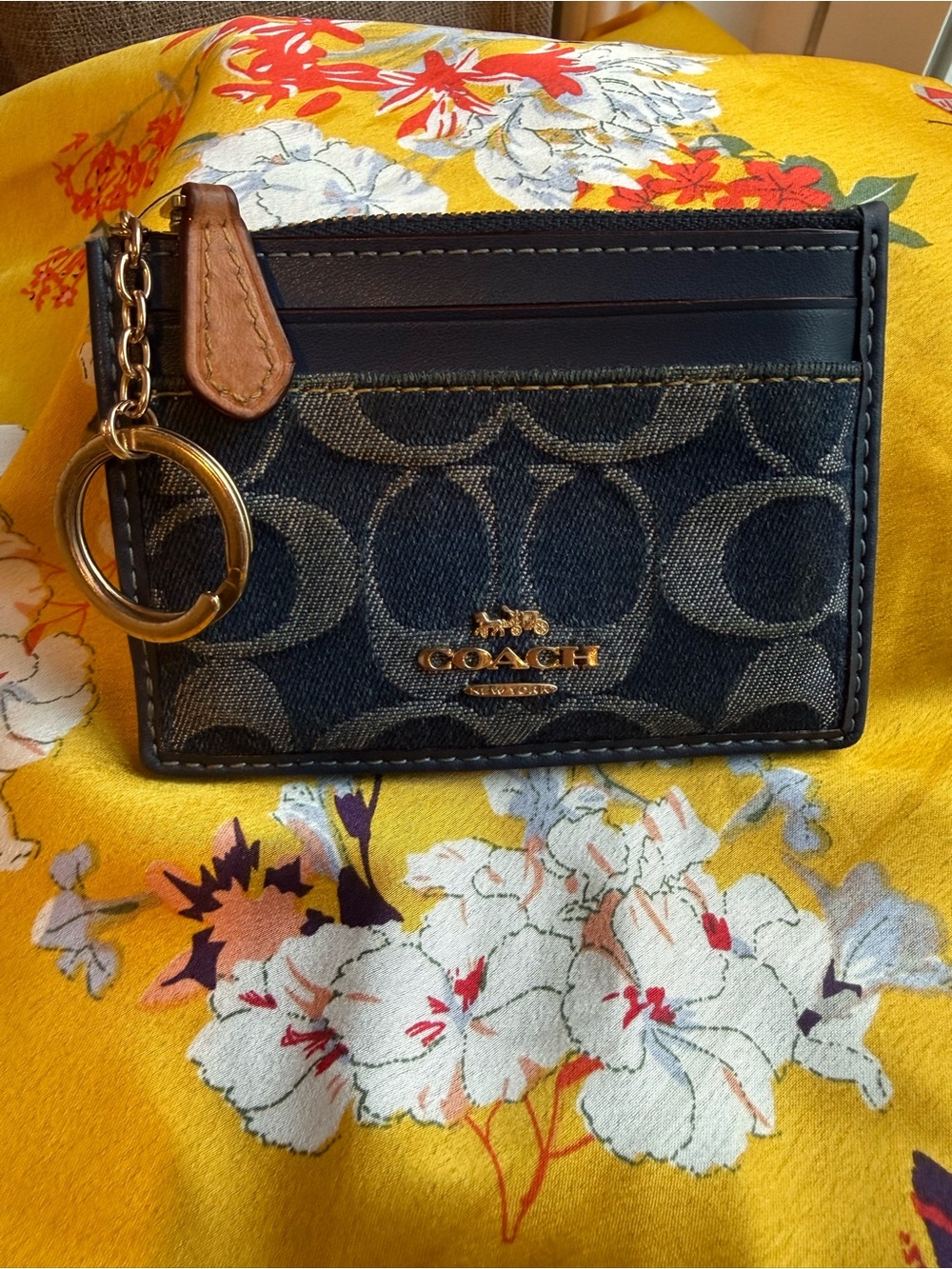 Coach Navy/Khaki Signature Canvas Card Case Key Ring